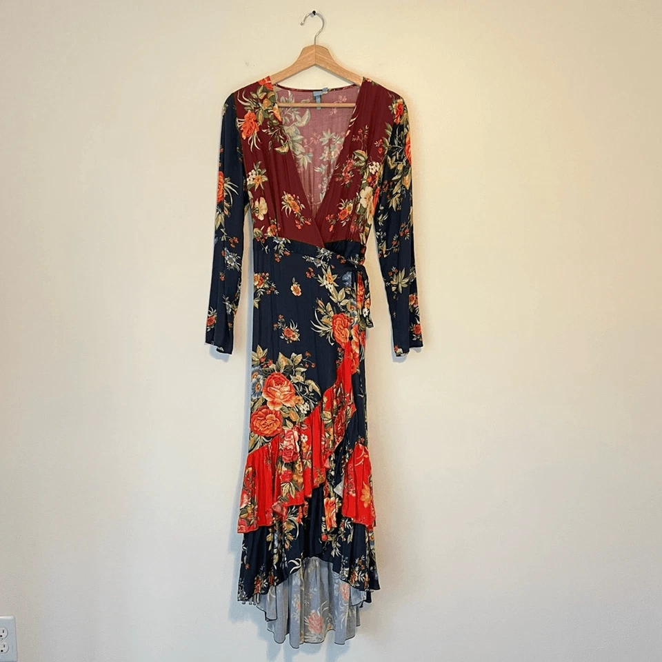 Anthropologie Farm Rio Audrey Wrap Maxi Dress Floral Long Sleeve Size SP - Image 4 of 4
