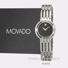 Authentic Movado Womens Swiss Esperanza Stainless Steel Black Dial Watch 0605098