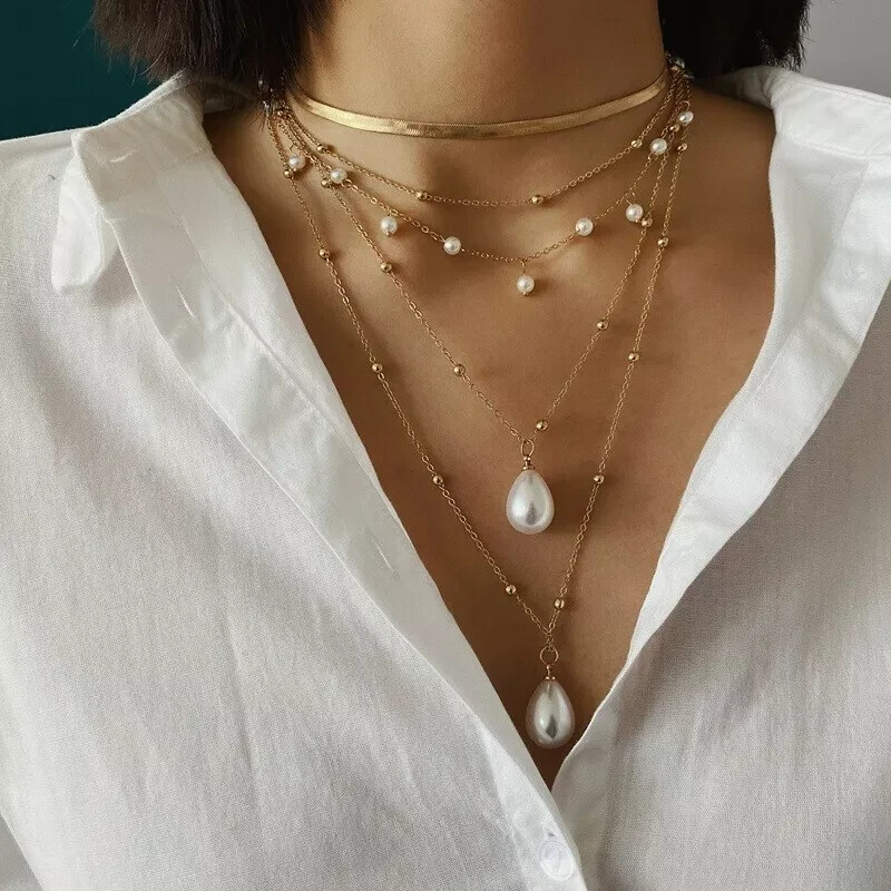 Multi-Layer Pearl Chain Choker Necklace with Gold Pendant-image