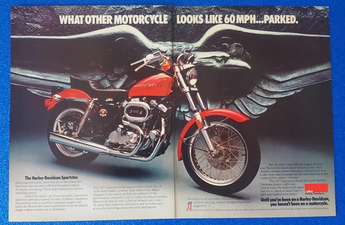 1977 Harley Davidson Sportster 1000 2 pg Vintage Print Ad American Outlaw Bikers