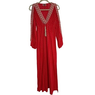 Pho Firenze red orange maxi dress cover up loungewear beach retro long sleeve xs