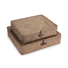 Set of 2 Woven Wicker Storage Bins with Lid, Natural Seagrass Basket