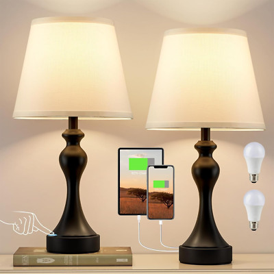 Tischlampen für Wohnzimmer, große Metall Nachttischlampen für Schlafzimmer mit USB A+C 