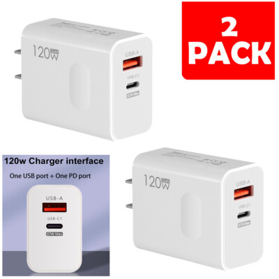 2PCS 120W PD Fast Charger Wall Power Adapter USB A Type C For iPhone 15 14 13 12