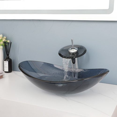Bathroom Oval Vessel Sink Tempered Glass Basin Waterfall Mixer Deck Mounted Tap - Picture 8 of 8