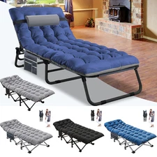 Folding Camping Cot Bed Lounge Chaise Longue w/Pillow Cushion Pocket for Outdoor
