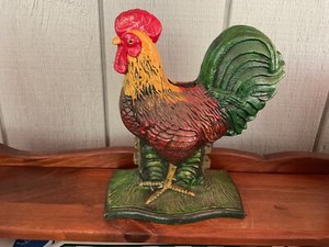 Vtg HandPainted Cast Iron ROOSTER DOOR STOP & combination BANK,weighs 7 1/2 lbs!