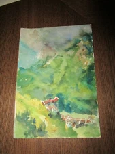 Original Watercolor by Peg Humphreys, Storm over Village at bottom of Mtns 5"x7"