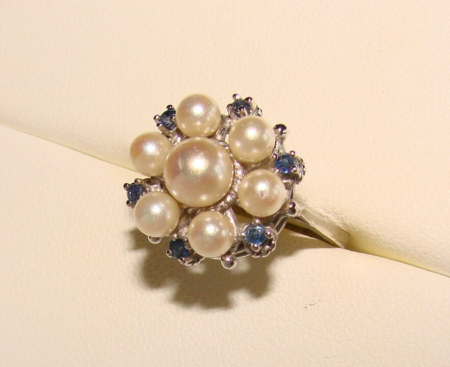 Ring aus 835 Silber, rhodiniert, Weiß-Gold-Optik, RG 16,5 mm, Perlen, Saphire - Bild 3 von 4