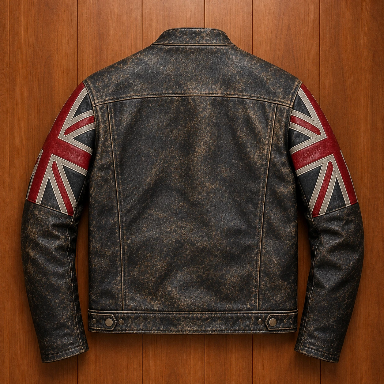 Mens Distressed Leather Biker Jacket, Vintage Union Jack Flag Sleeve Motorcycle image 2