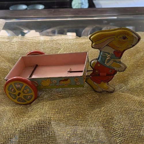 J. Chein & Company Vintage Tin Peter Rabbit Easter Bunny Cart Toy 17 Years & Up