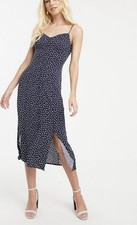 Warehouse navy blue polka dot dress front buttons Zara Uniqlo Thrift Skirt