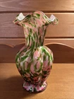 Fenton Ruffled Vase  Vasa Murrhina Glass Rose Pink Adventurine Green 7.5" Tall