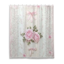 Shower Curtains White Lace Pink Flowers Curtain Waterproof Fabric Decor Set