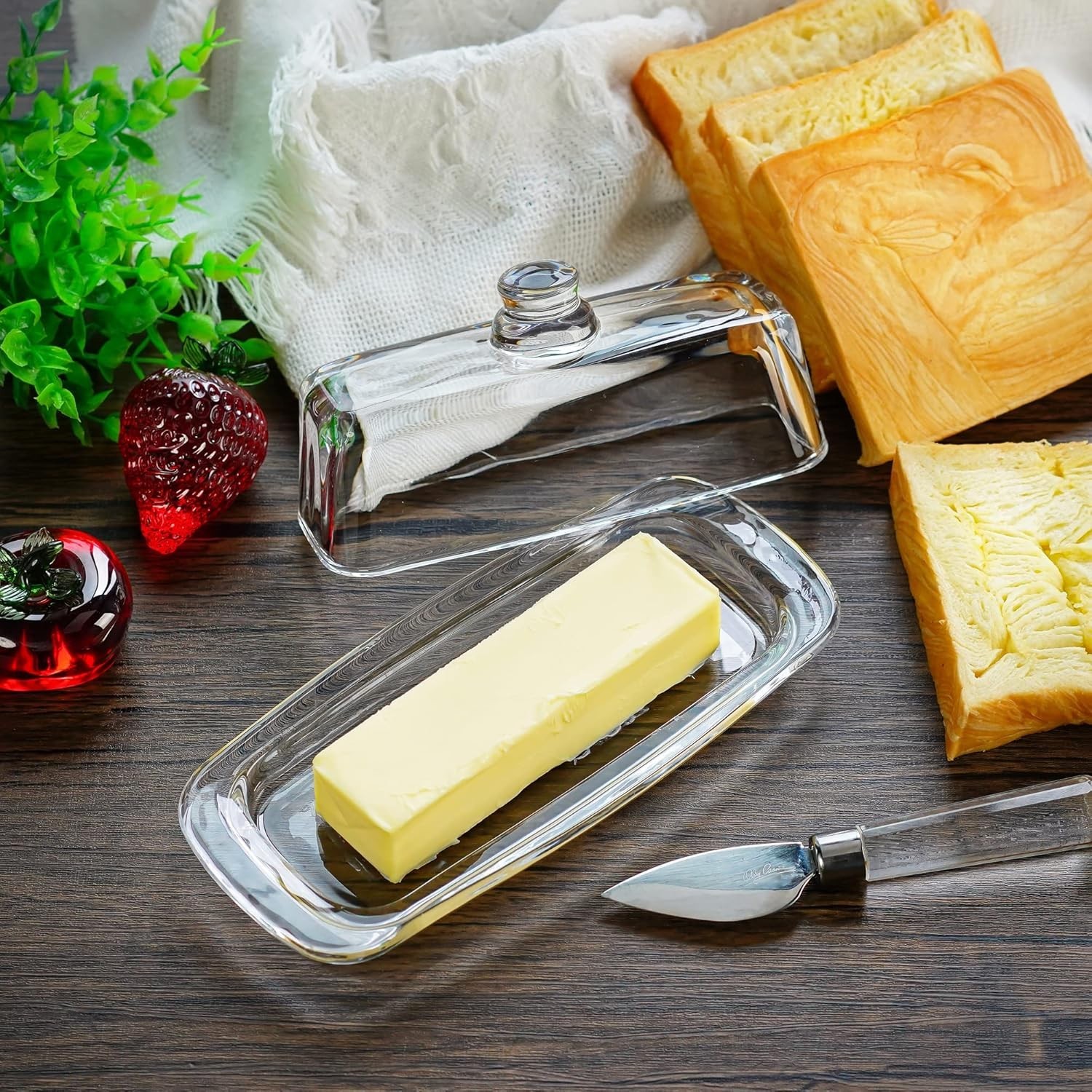 Glass Butter Dish With Lid 8 Inch Modern Art Cover Container for Kitchen