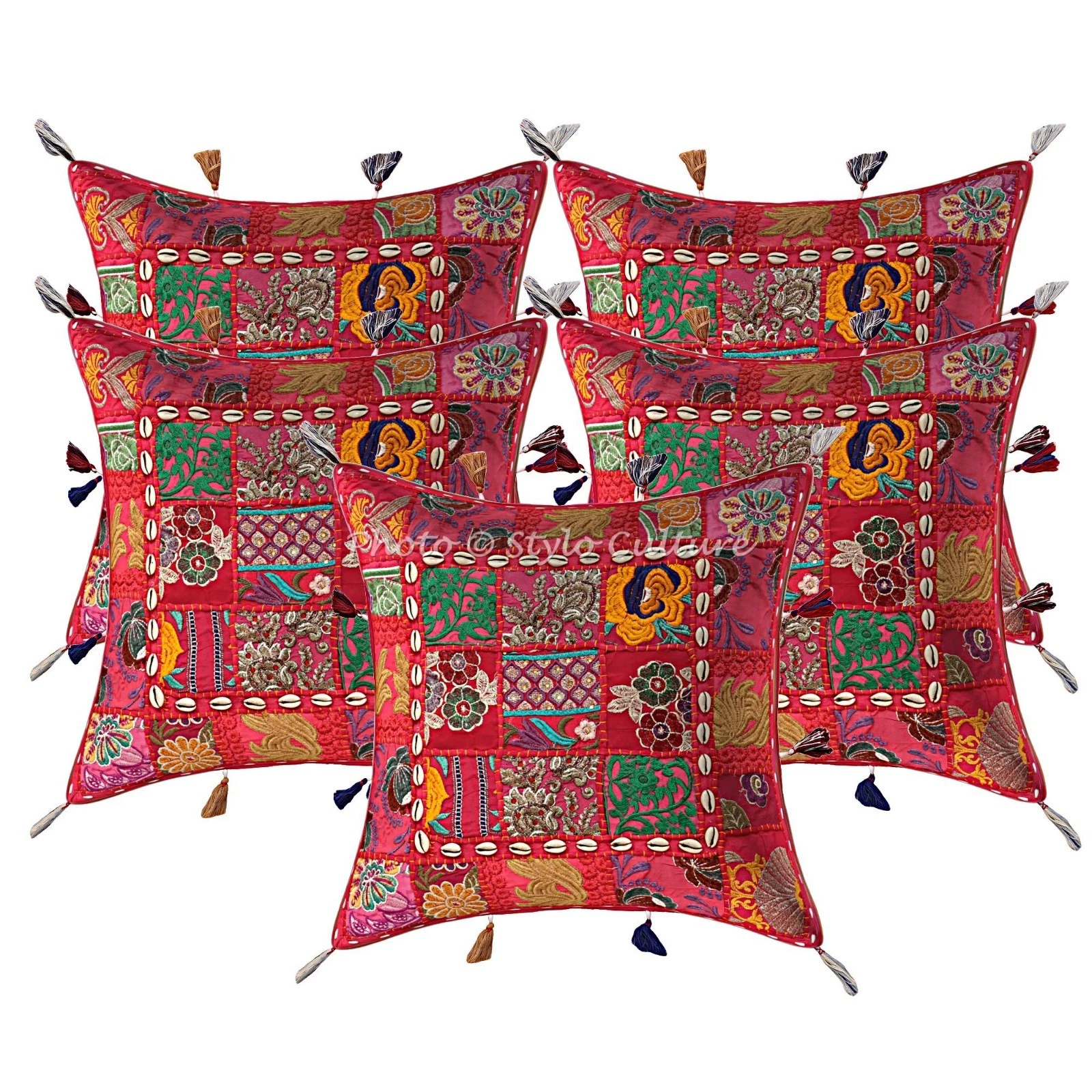 Boho Cotton Throw Pillow Covers Patchwork Cowry Tassels Pink Floral Home Decor