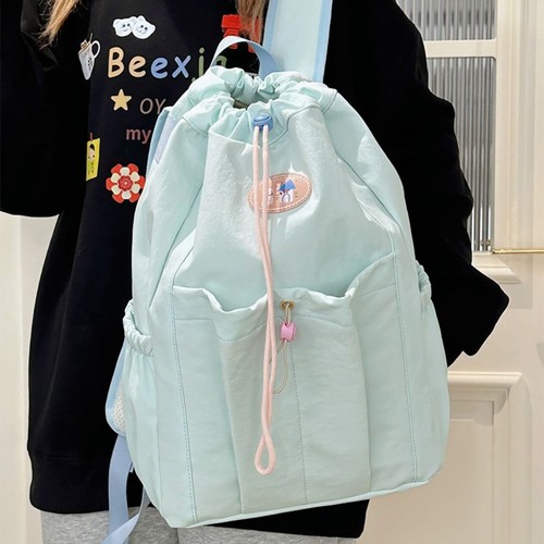 Solid Color Fresh Color Drawstring Backpack Nylon Shoulder Bag Outdoor - Picture 11 of 17