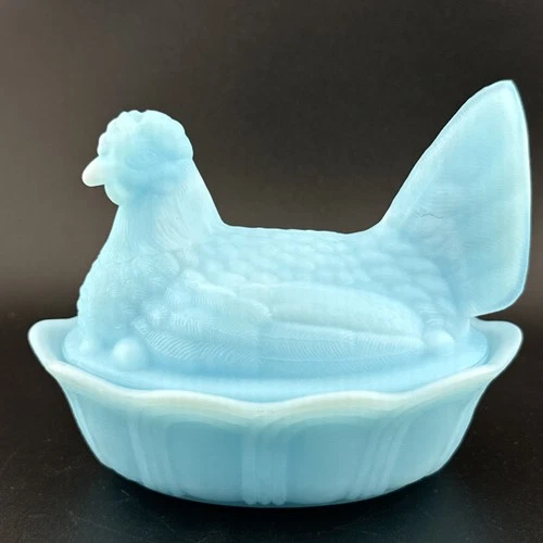 Vintage 1970s Fenton Art Glass Blue Satin Glass Hen Dish- Rare 5" Hen on Nest