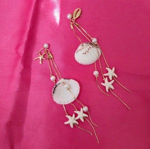 Authentic Gold Plated Natural Shell Starfish Dangle Earrings White Acrylic Pearl