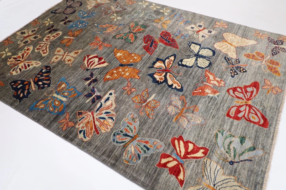 6x8 ft Butterfly Gray Area Rug Afghan Hand Knotted rug bedroom living room rug - Image 2 of 4