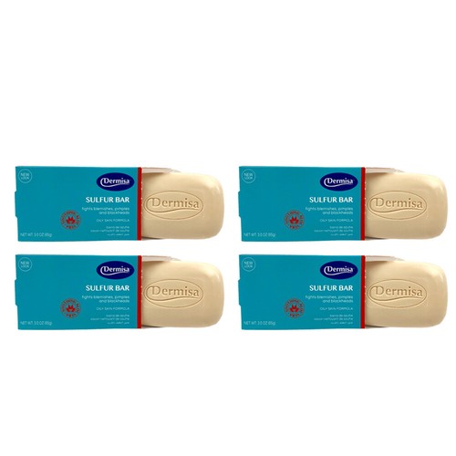 Dermisa Sulfur Bar Soap, Natural Acne & Pimple Skin Treatment. 3oz. Pack of 4