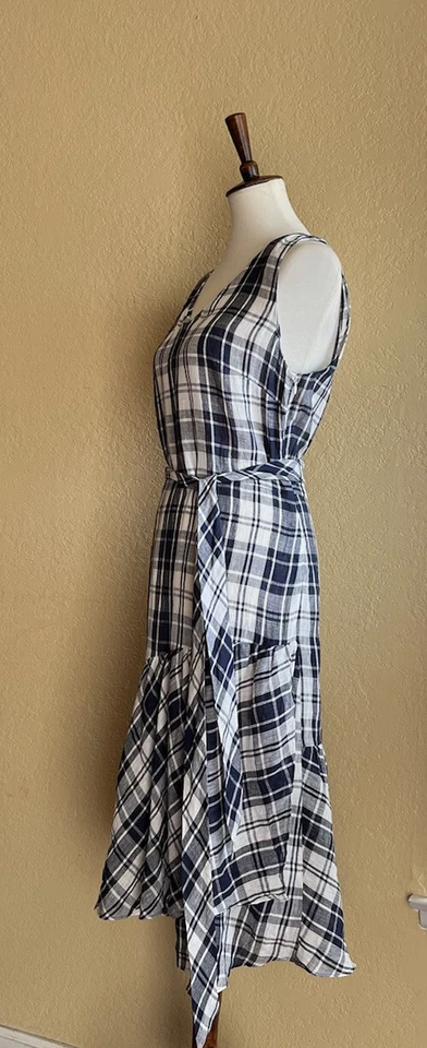 Nordstrom Signature Womens Linen Faux Wrap Plaid Belted Dress Size 8 $299 - Image 3 of 4
