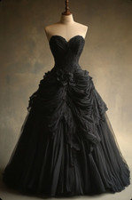 Gothic Black Wedding Dresses Sweetheart A Line Tiered Tulle Bridal Gowns