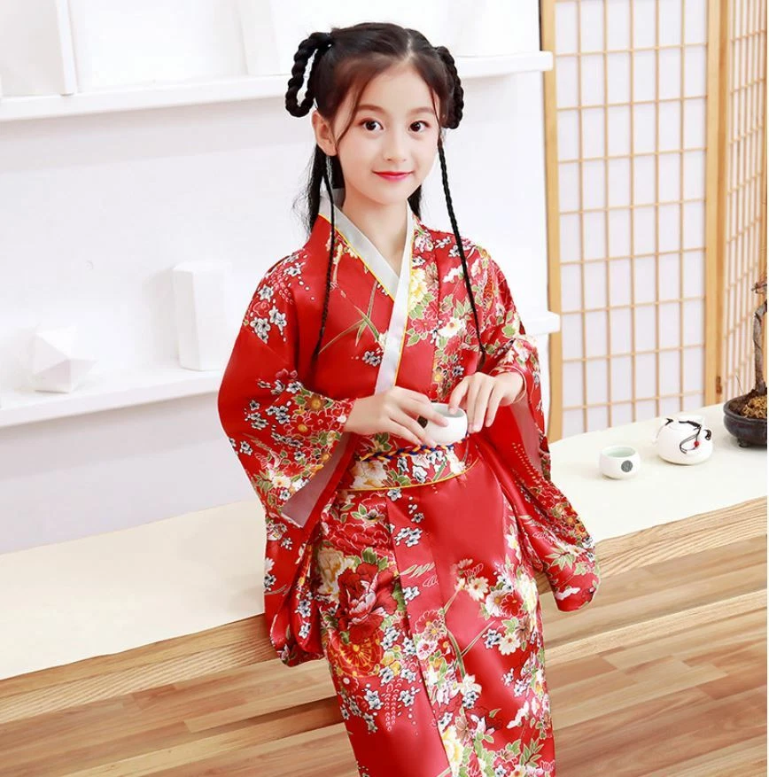 New Japanese Childrens Girls Red with Flower Prints Long Kimono Outfit gjk2