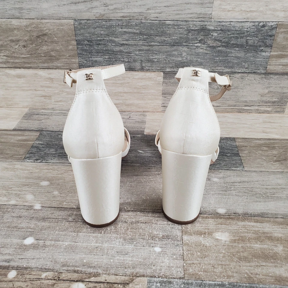 Sam Edelman Yaro Womens Sandal Sz 7.5 W Block Heel Pearl Ivory Satin Ankle Strap - Image 3 of 4