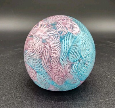 La Serenissima Murano Art Glass Paperweight Blue Pink Latticino