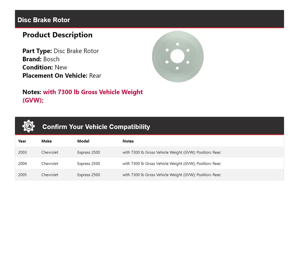 Rotor de freno de disco trasero para Chevrolet Express 2500 Bosch QuietCast 2003-2005 2004 Foto 2 de 4
