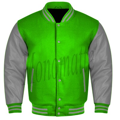 Varsity Letterman Kelly-Green wool Genuine Gray Leather Sleeves bomber  Jacket