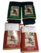 Chic Sueded Microfiber Control Top Tights Cream/Black Size Q Set Of 4 Vtg.