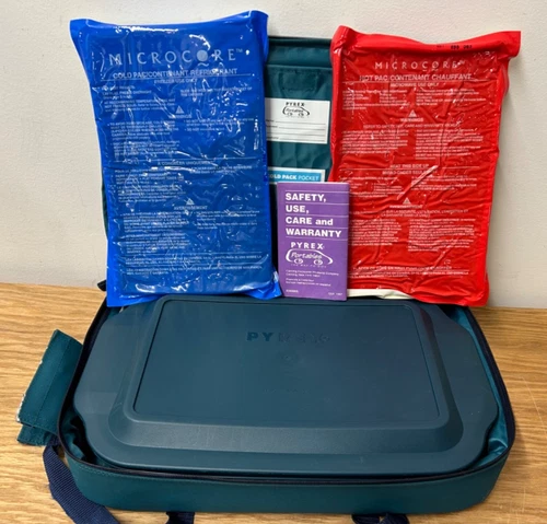 VTG 1997 Pyrex Portables 3 QT Baking Dish Carry Case Hot Cold Packs Lid 5 Piece