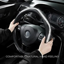 AutoDrive Black Leather Silver Diamond Checkered 14.5-15.5" Steering Wheel Cover