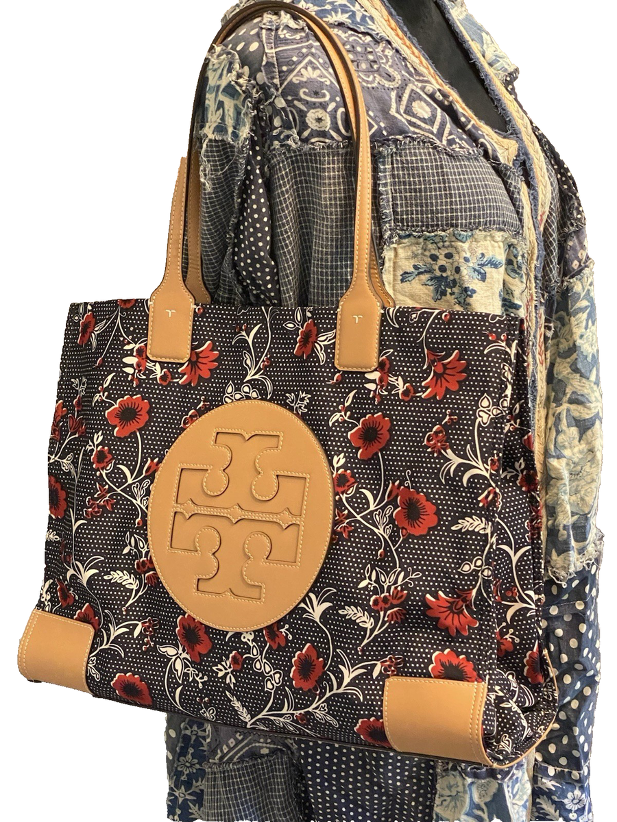 NEW Tory Burch Ella Navy Floral LARGE nylon tote shoulder beach