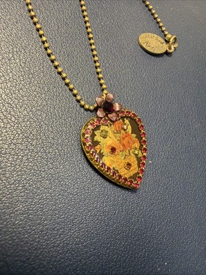 Michal Negrin Heart Necklace Red Romantic Roses Victorian Revival Crystals VTG