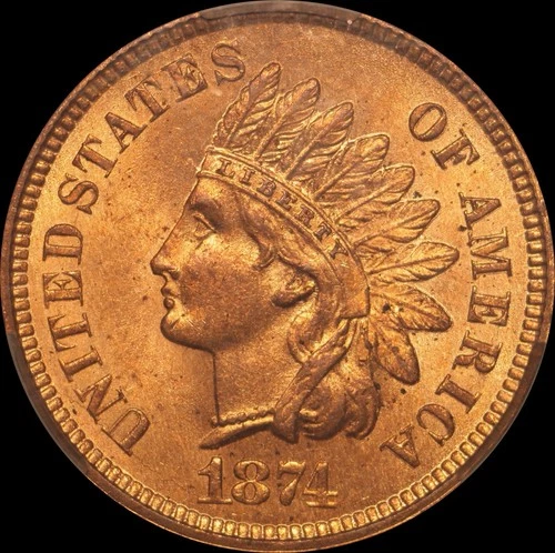 1874 1c Indian Head Cent CACG MS 64 RD Blooming RED