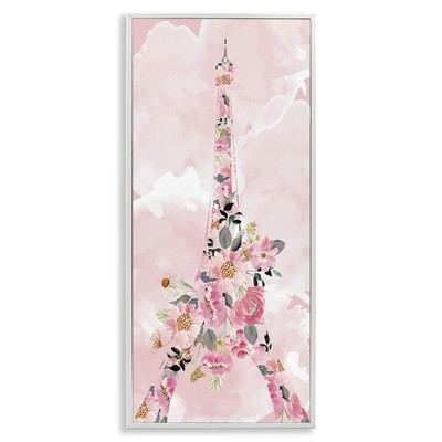Floral Pattern Eiffel Tower Pink Cloudy Sky, Designed by Kim Allen White Fram...