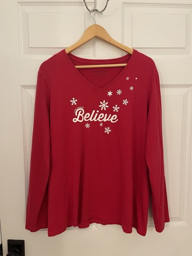 Life Is Good Christmas Believe rot weiß Damen XL V-Ausschnitt Crusher Tee Longsleeve