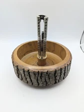 Vintage Large Wood Tree Bark Nut Cracker Bowl with Metal Nutcracker & 1 Pick