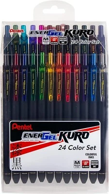 Pentel EnerGel Kuro Liquid Gel Pen, (0.7mm), Medium line, Assorted Ink, 24 Pack