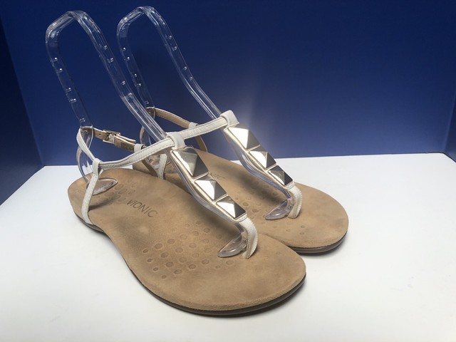 VIONIC NALA Women's WHITE LEATHER T-STRAP GOLD STUDS ORTHOTIC SANDALS ~ 10 Wide | eBay