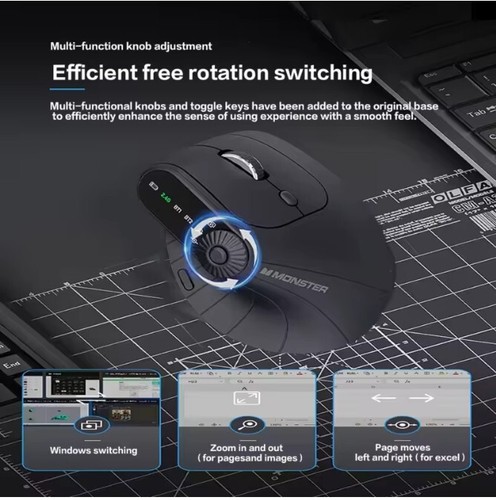 Multi-Device Vertical Ergonomic Mouse with Function Adjustment Knob Rechargeable - Picture 3 of 8