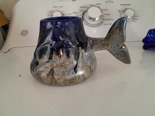 Vintage DOUG WYLIE Blue Embossed Dolphin Whale Tail Mug 
