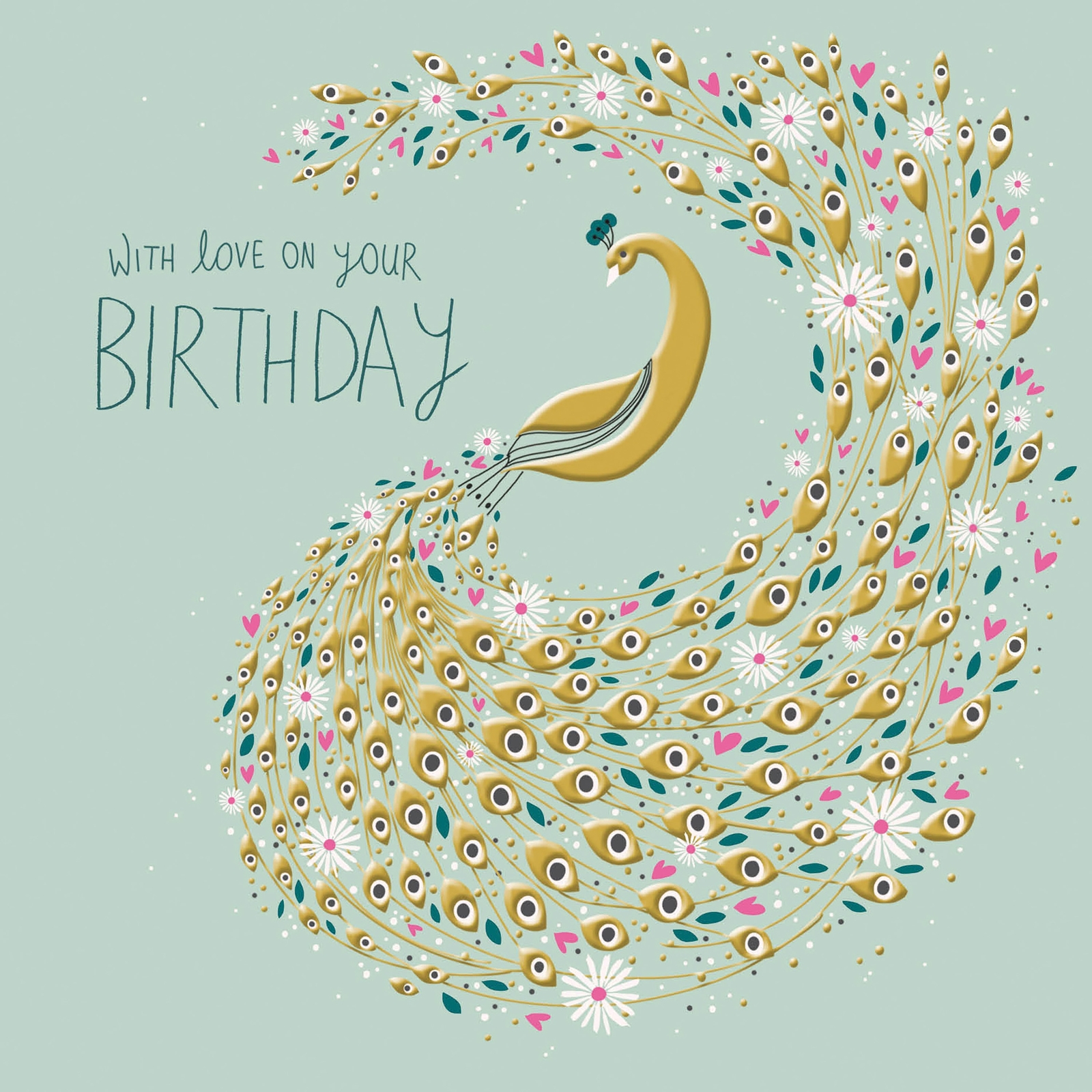Peacock With Love on your Birthday Card - Luxury Peach and Prosecco Card