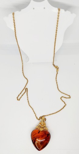 Vintage Goldtone AVON Faux Amber Resin Puffy Heart Pendant 32” Necklace - Picture 2 of 5