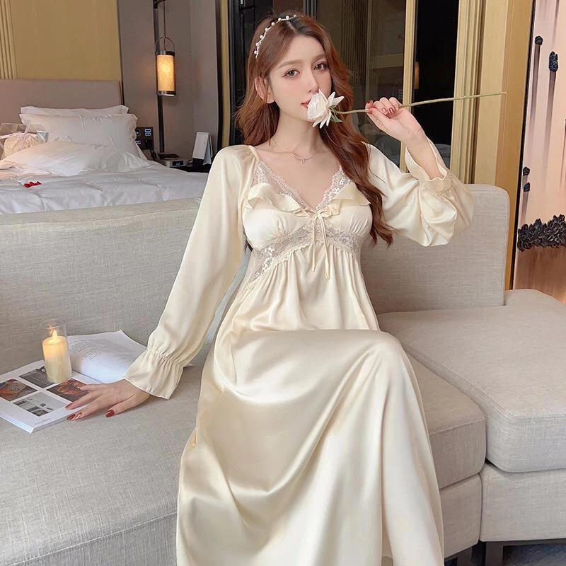 Sexy Lingerie Satin Long Night Gown Elegant Silk Home Dress Loungewear  Sleepwear