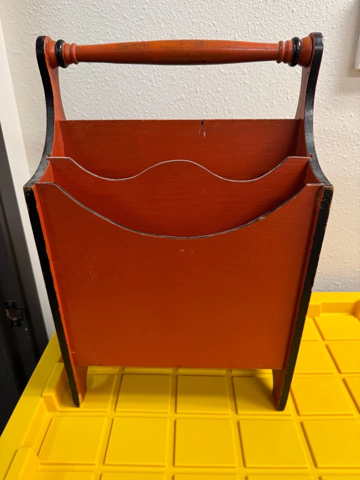 Antique Wood Magazine Rack Red Hand Painted Boat Victorian Newspaper Handle - Image 2 of 4