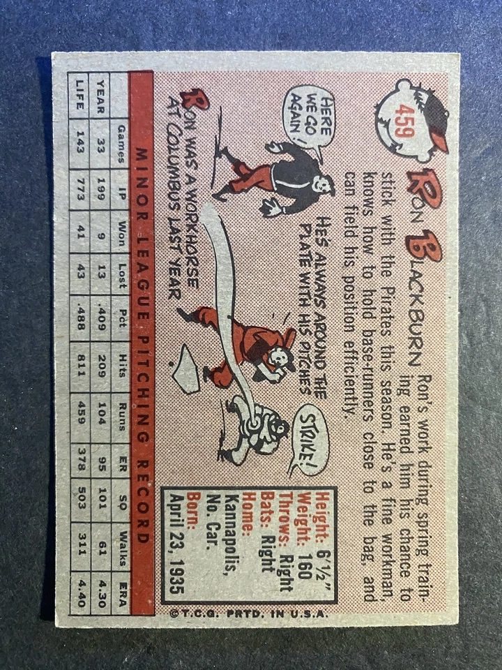 1958 Topps Baseball Ron Blackburn Pittsburgh Pirates Card #459 - Image 2 of 2